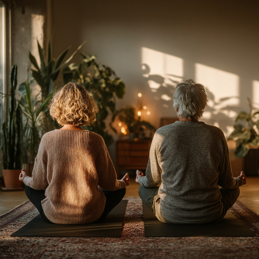 Seniorka praktikující jógu s úsměvem a pocitem vitality